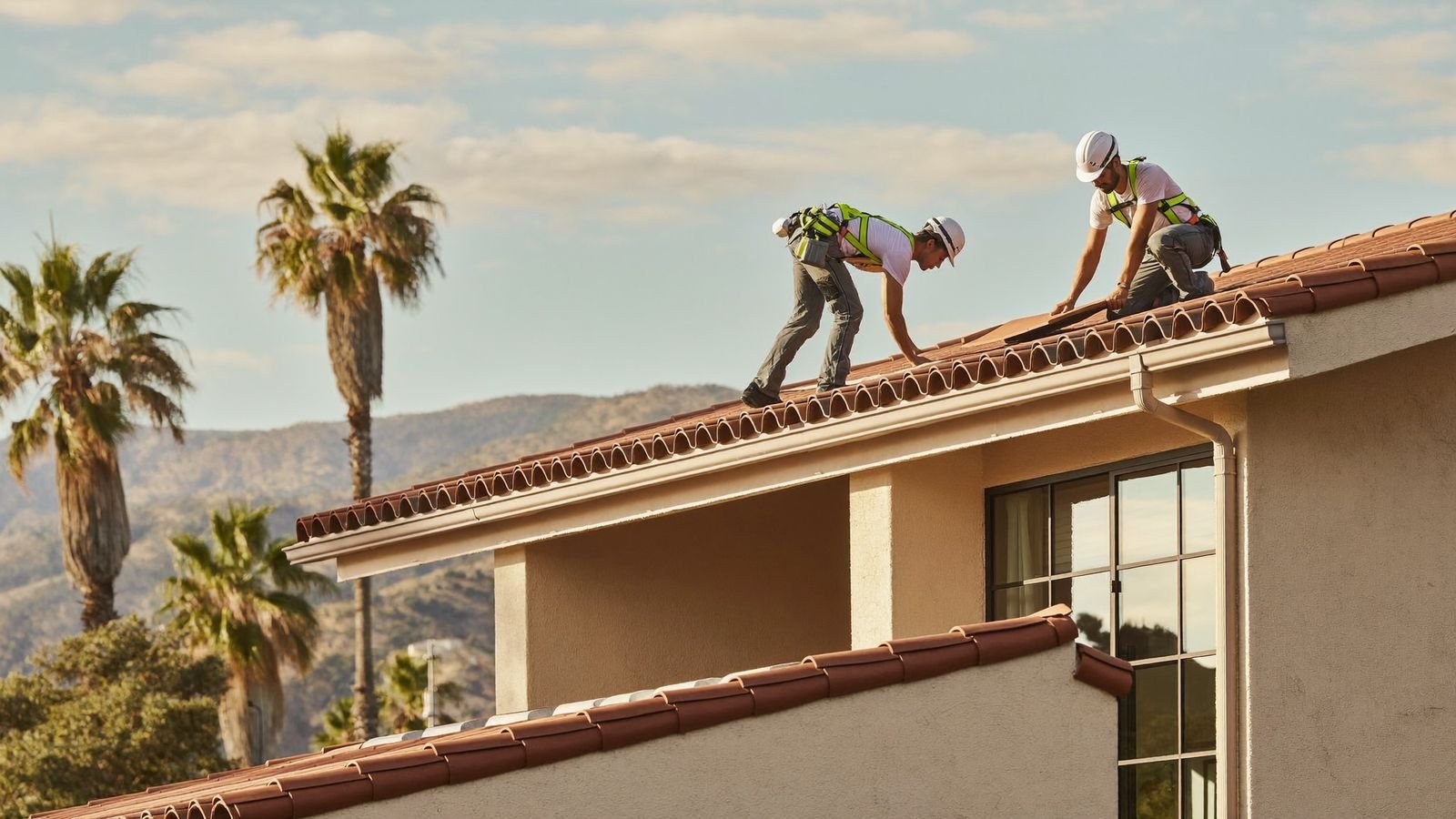 Roofers installing terracotta tiles on a Southern California home
